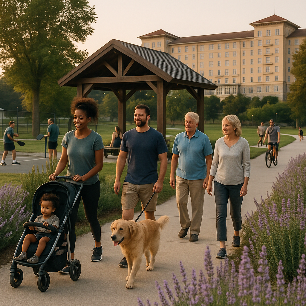Family walking with a dog on a path in a park with a building in the background