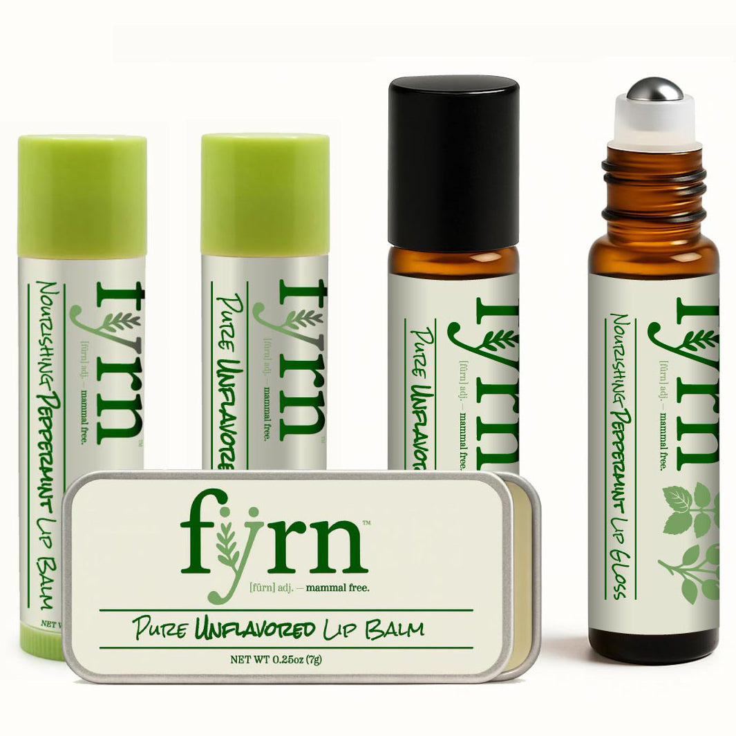 Collection of fyrn lip balm and lip gloss products on a white background