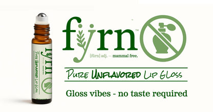 Fyrn pure unflavored lip gloss bottle with branding and product description on a white background