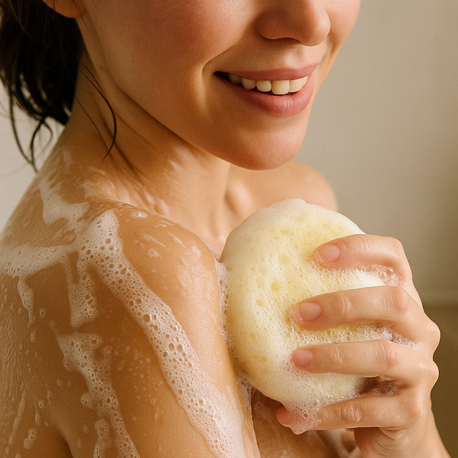 Person holding a bath sponge with soap suds on a neutral background